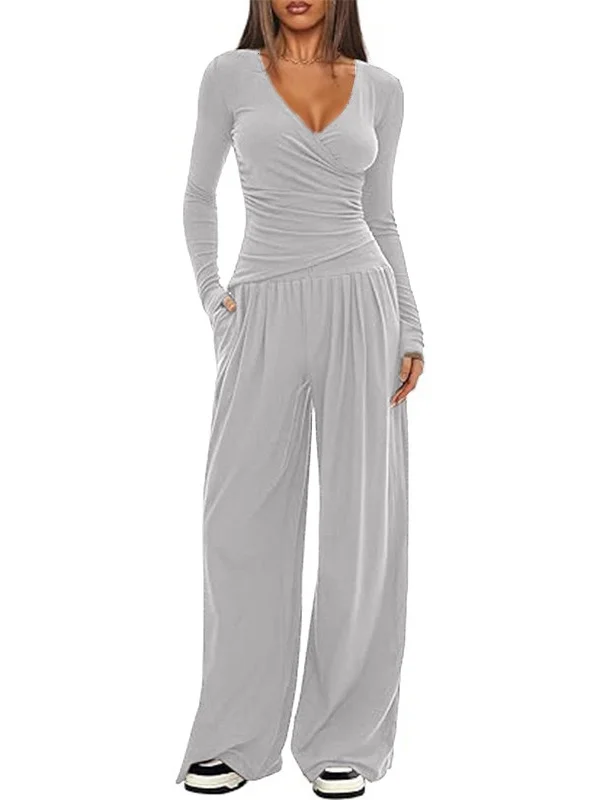 Women Plain Split Joint Two-Piece Set Daily Long Sleeve Casual Spring/Fall Top With Pants Matching Set