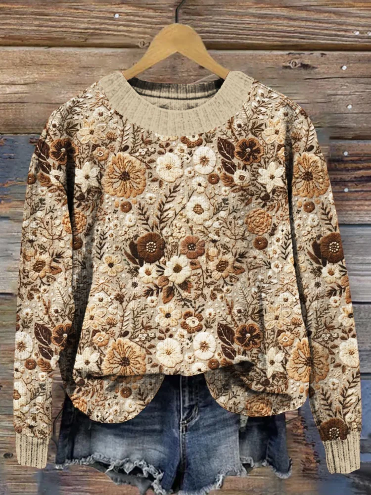 Women Knitted Floral Long Sleeve Comfy Casual Printing Sweater
