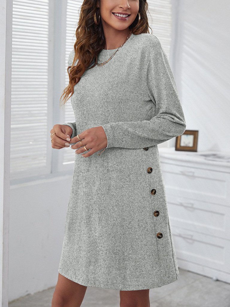 Women Plain Spring/Fall Split Joint Dress Crew Neck Long Sleeve Shift Dress A-Line Dress