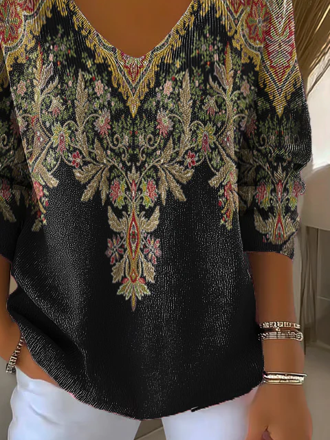 Casual Floral V Neck Long Sleeve T-shirt
