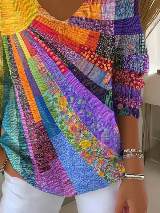 Casual Abstract V Neck Long Sleeve T-shirt