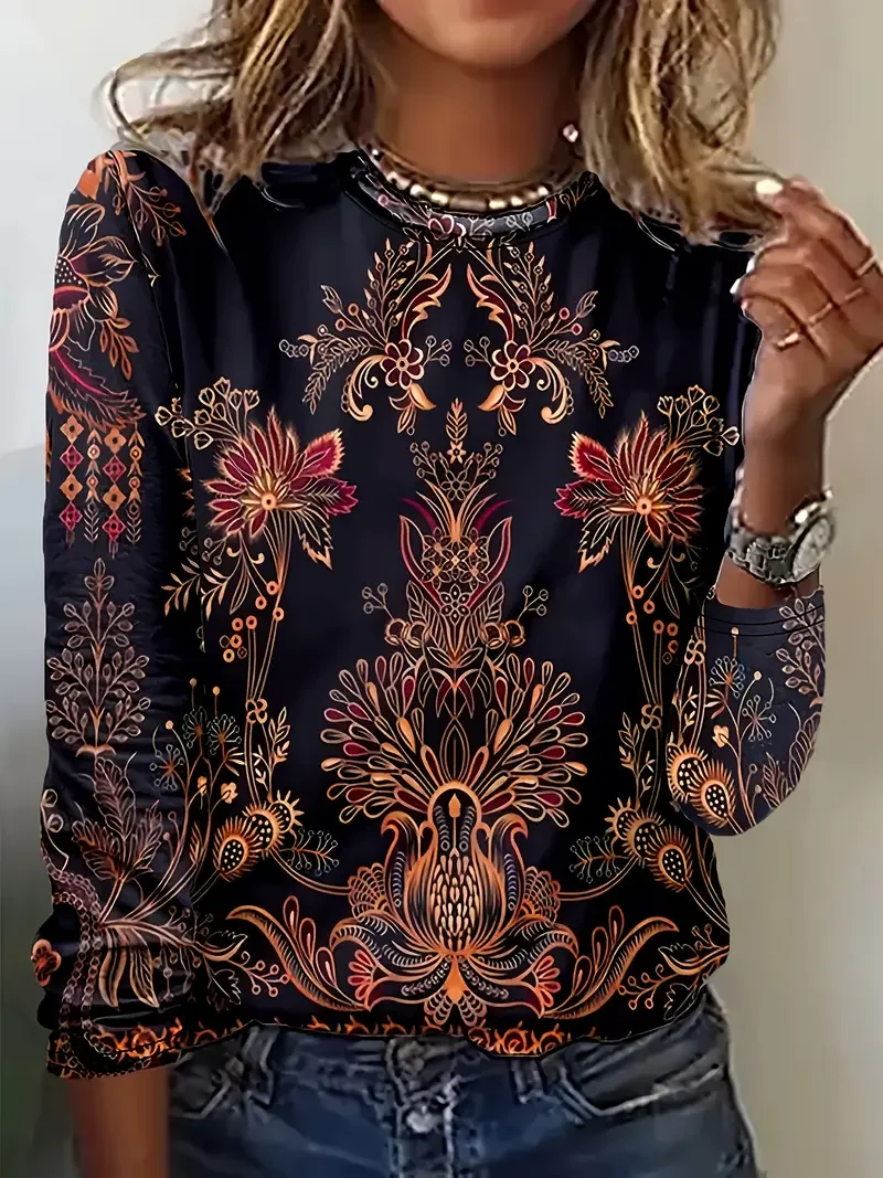 Casual Floral Crew Neck Long Sleeve T-shirt