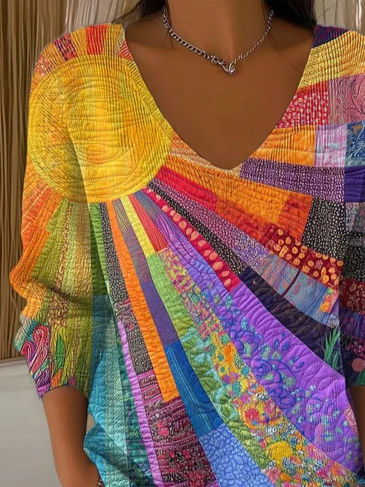 Casual Abstract V Neck Long Sleeve T-shirt