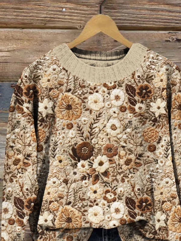 Women Knitted Floral Long Sleeve Comfy Casual Printing Sweater