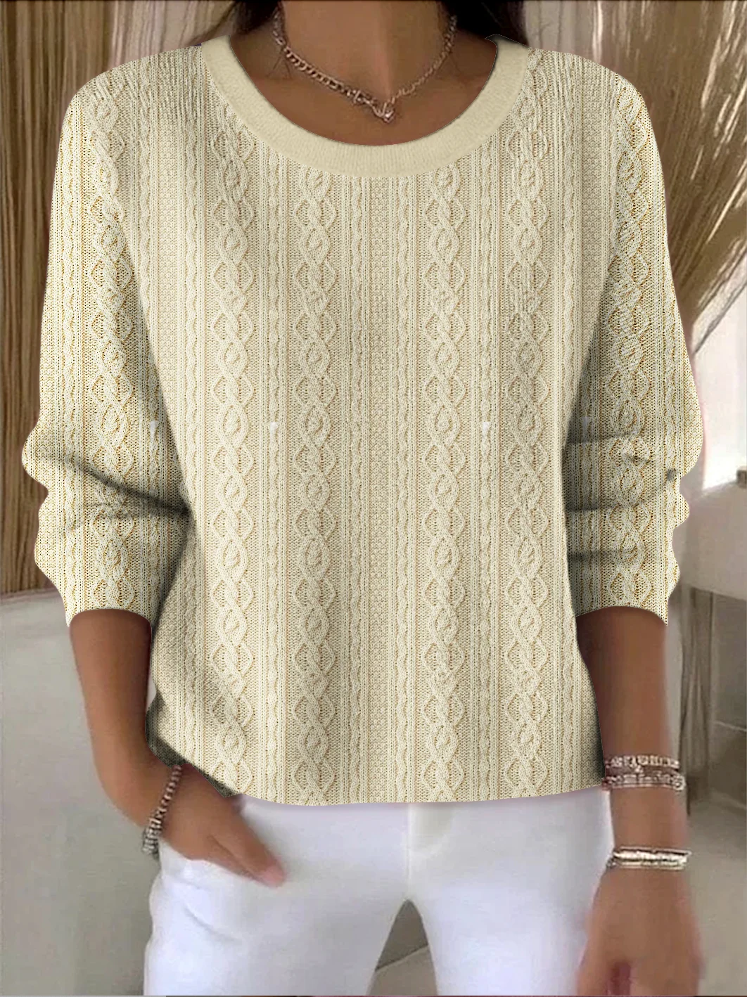 Women Cotton Geometric Long Sleeve Comfy Vintage Sweater