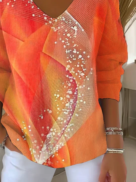 Casual Abstract V Neck Long Sleeve T-shirt