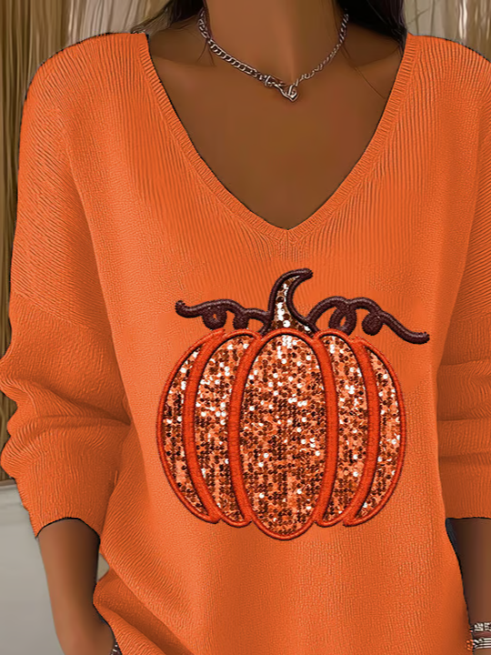 Casual Halloween (pumpkin) V Neck Long Sleeve T-shirt