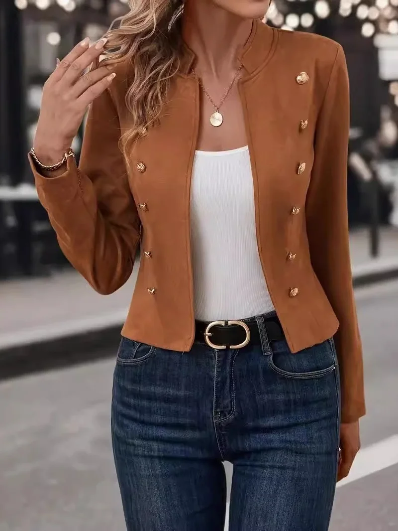 Women Plain Spring/Fall Outerwear Vintage Split Joint Long Sleeve Stand Collar Regular Blazer