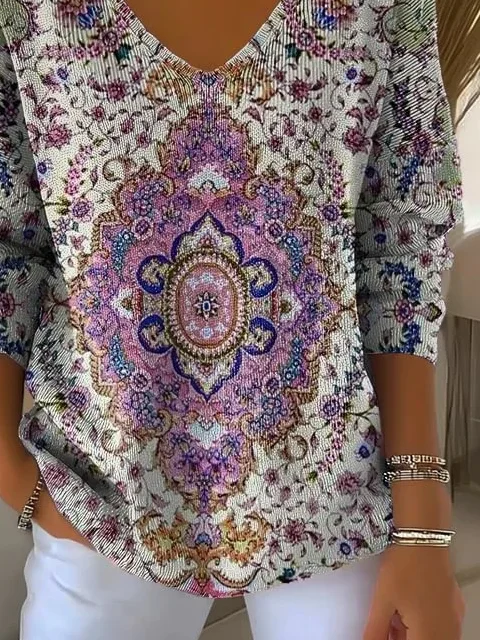 Casual Ethnic V Neck Long Sleeve T-shirt