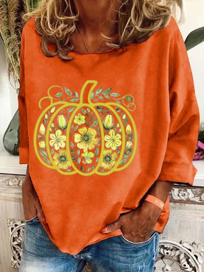Halloween Pumpkin Print Casual Floral Crew Neck Long Sleeve T-shirt
