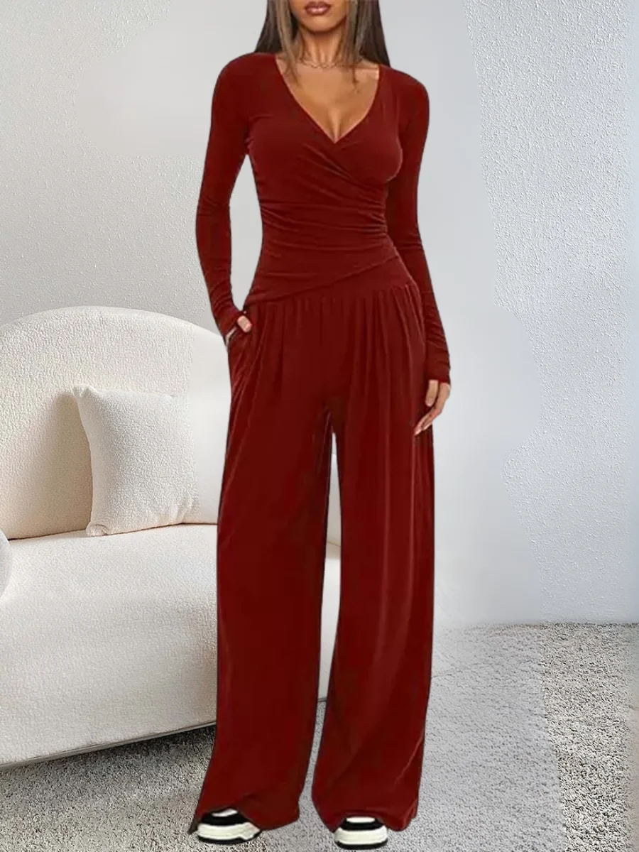 Women Plain Split Joint Two-Piece Set Daily Long Sleeve Casual Spring/Fall Top With Pants Matching Set