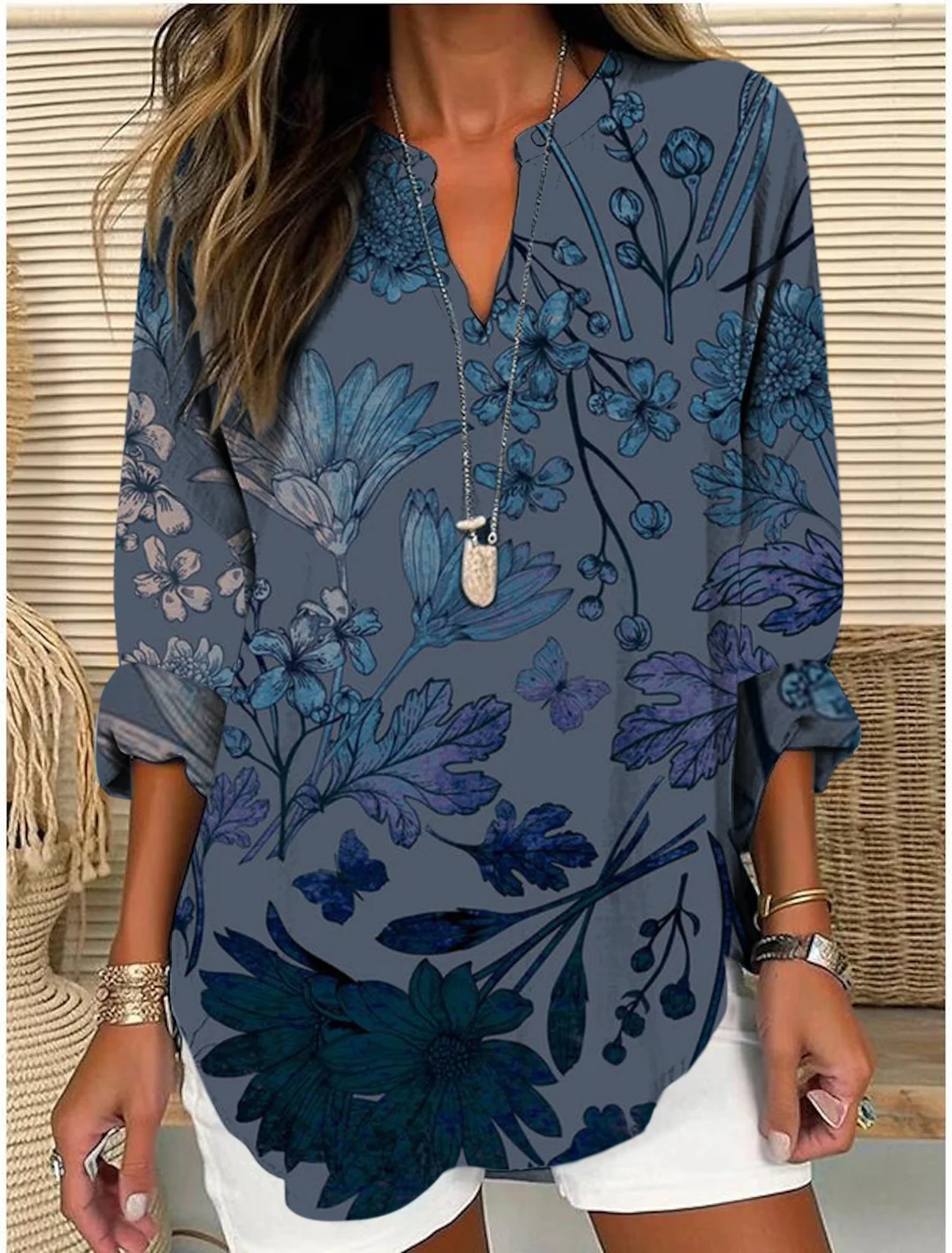 Shawl Collar Half Sleeve Floral Regular Loose Blouse For Women