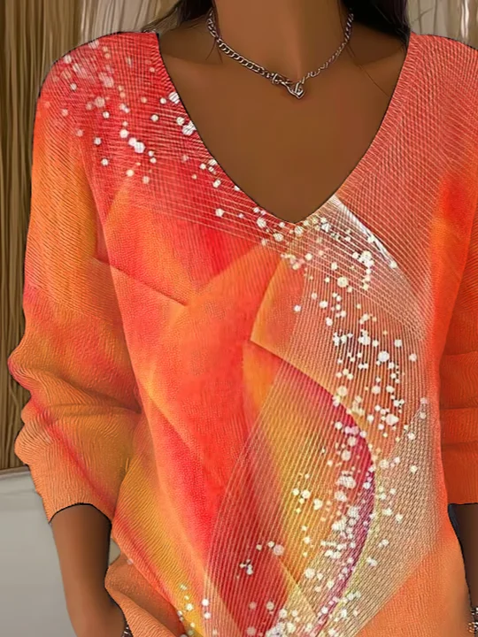 Casual Abstract V Neck Long Sleeve T-shirt