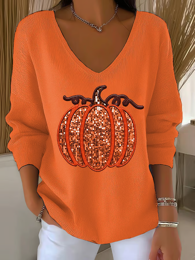 Casual Halloween (pumpkin) V Neck Long Sleeve T-shirt