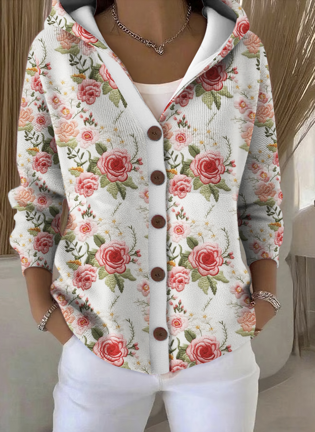 Women Cotton Floral Long Sleeve Comfy Casual Cardigan