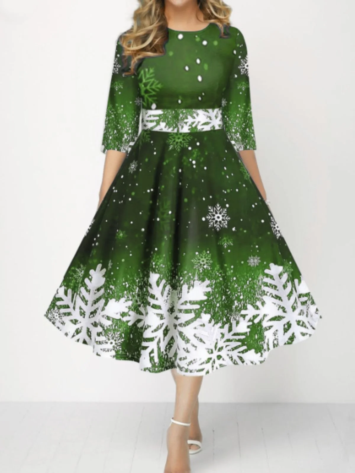 Women Christmas Spring/Fall Dress Crew Neck Three Quarter Sleeve A-Line Dress