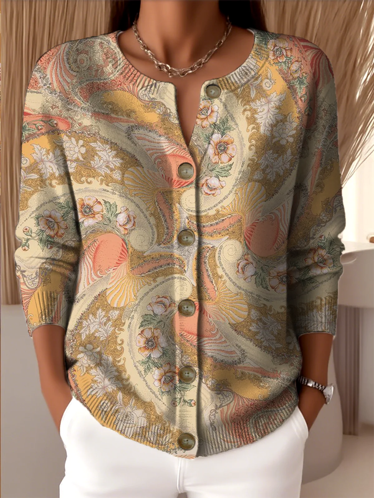 Women Knitted Floral Long Sleeve Comfy Vintage Cardigan