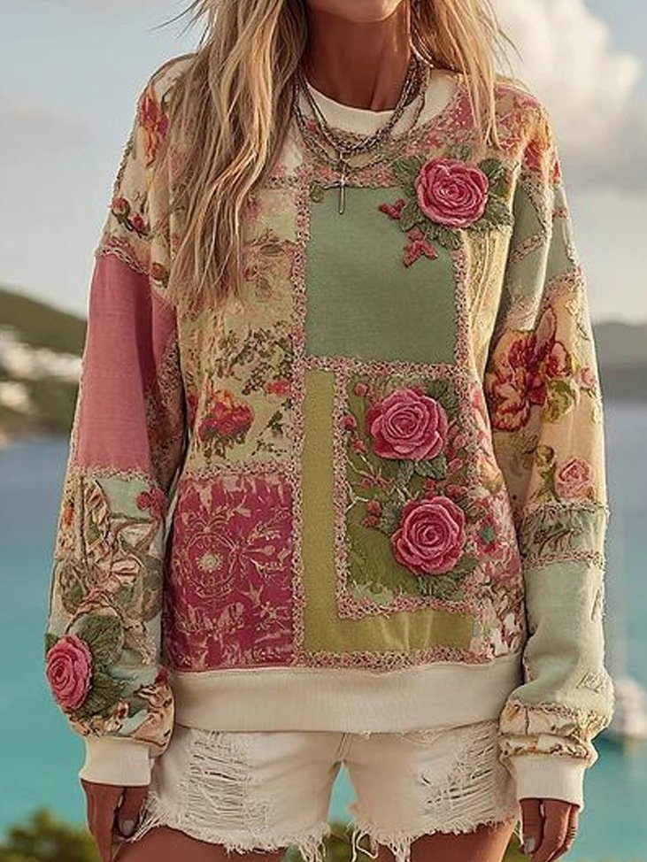 Casual Crew Neck Floral Sweatshirt