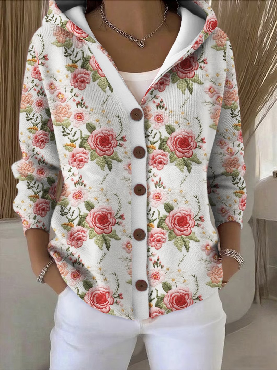 Women Cotton Floral Long Sleeve Comfy Casual Cardigan