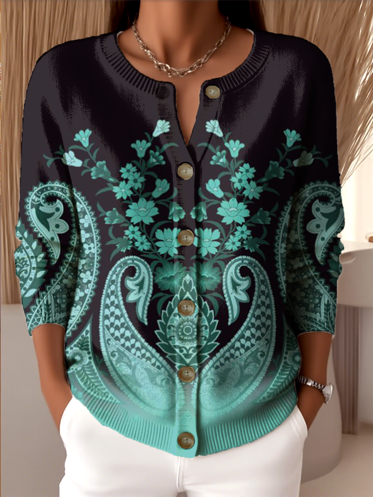 Women Knitted Paisley Long Sleeve Comfy Vintage Cardigan