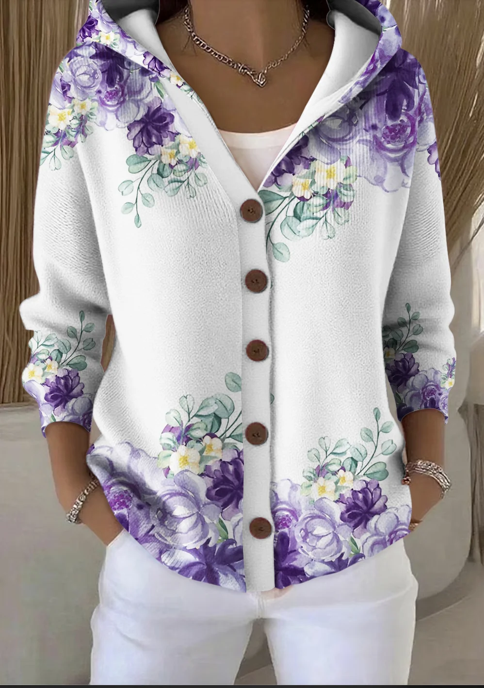 Women Cotton Floral Long Sleeve Comfy Casual Cardigan