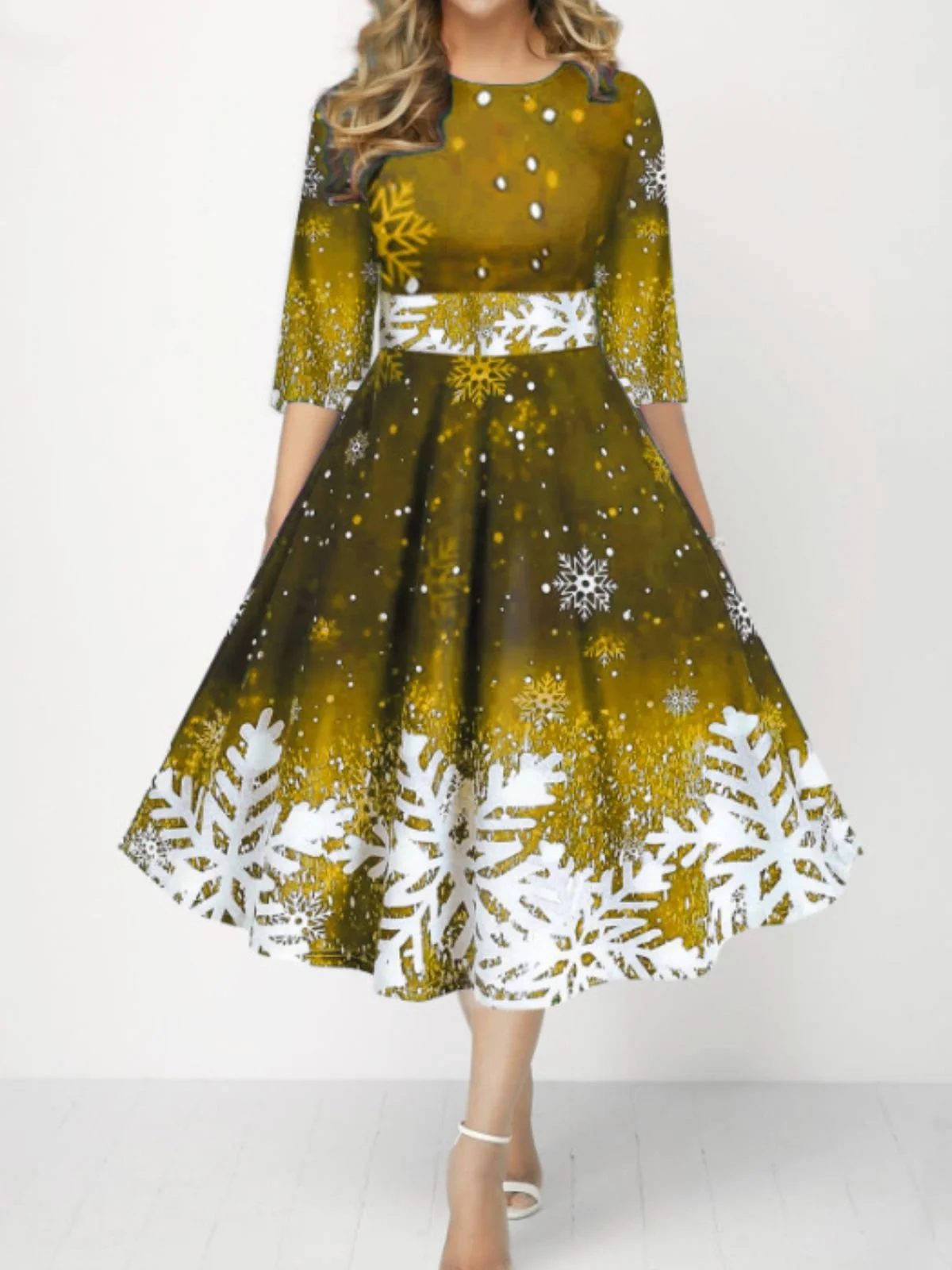 Women Christmas Spring/Fall Dress Crew Neck Three Quarter Sleeve A-Line Dress