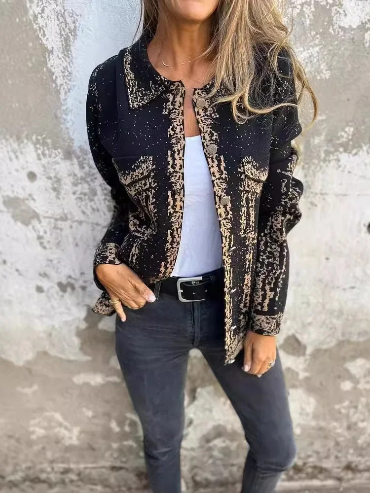 Women Spring/Fall Outerwear Vintage Printing Abstract Long Sleeve Shawl Collar Jacket