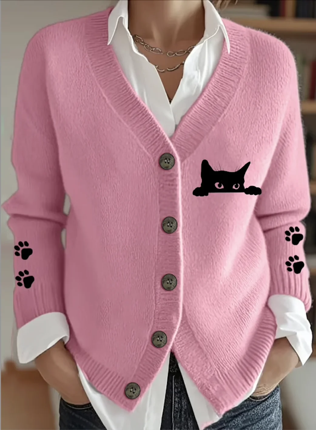 Women Cotton Animal Long Sleeve Comfy Vintage Cardigan