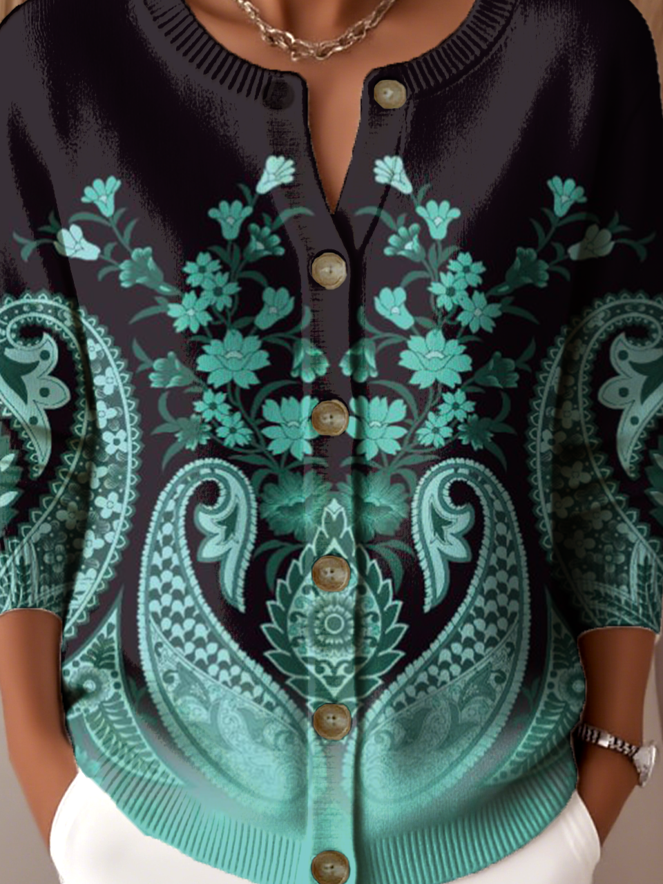 Women Knitted Paisley Long Sleeve Comfy Vintage Cardigan