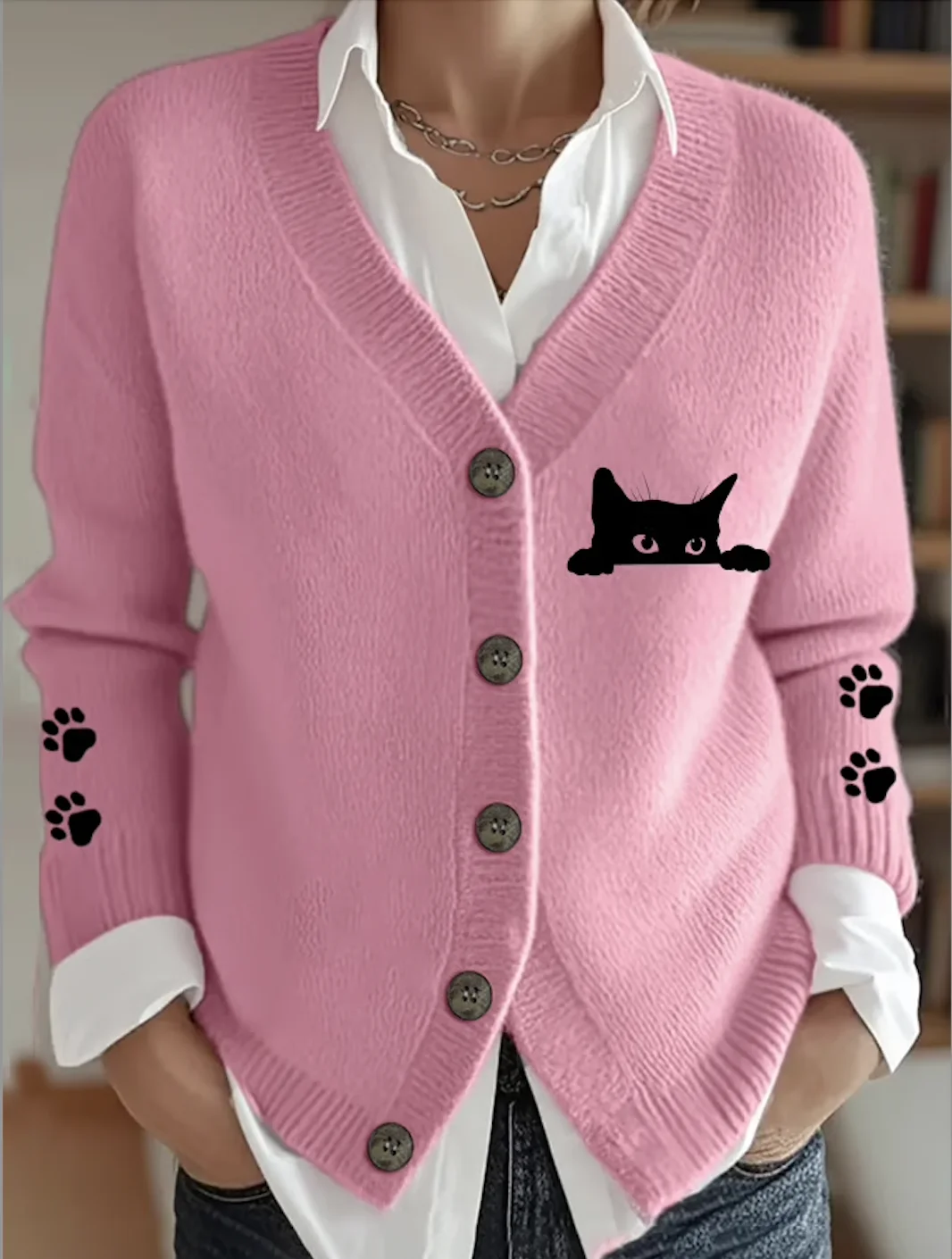 Women Cotton Animal Long Sleeve Comfy Vintage Cardigan