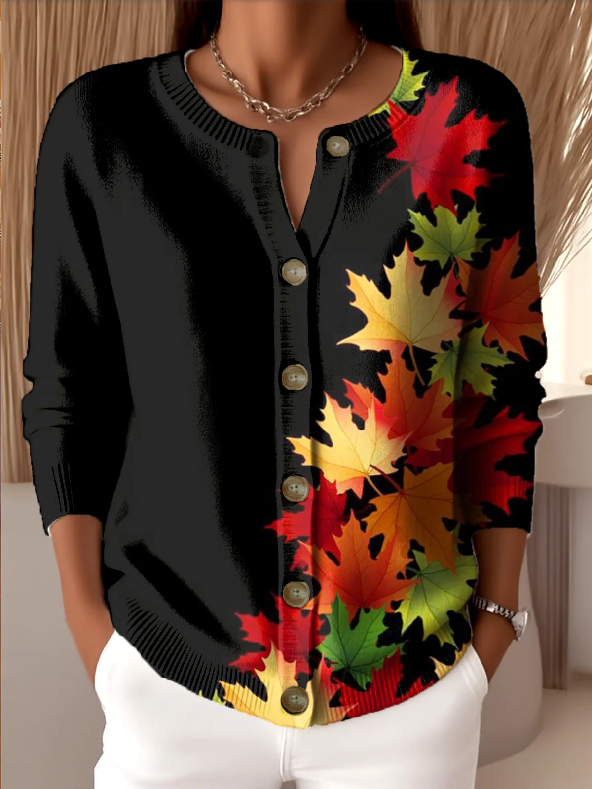 Women Knitted Gradient Pattern Long Sleeve Comfy Vintage Cardigan