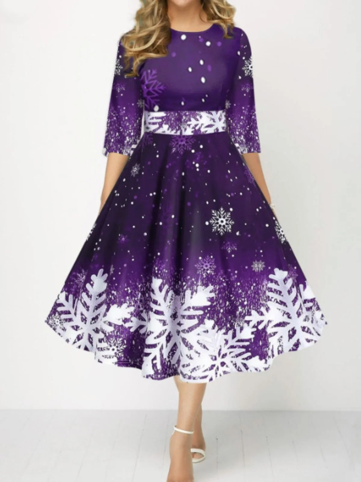 Women Christmas Spring/Fall Dress Crew Neck Three Quarter Sleeve A-Line Dress