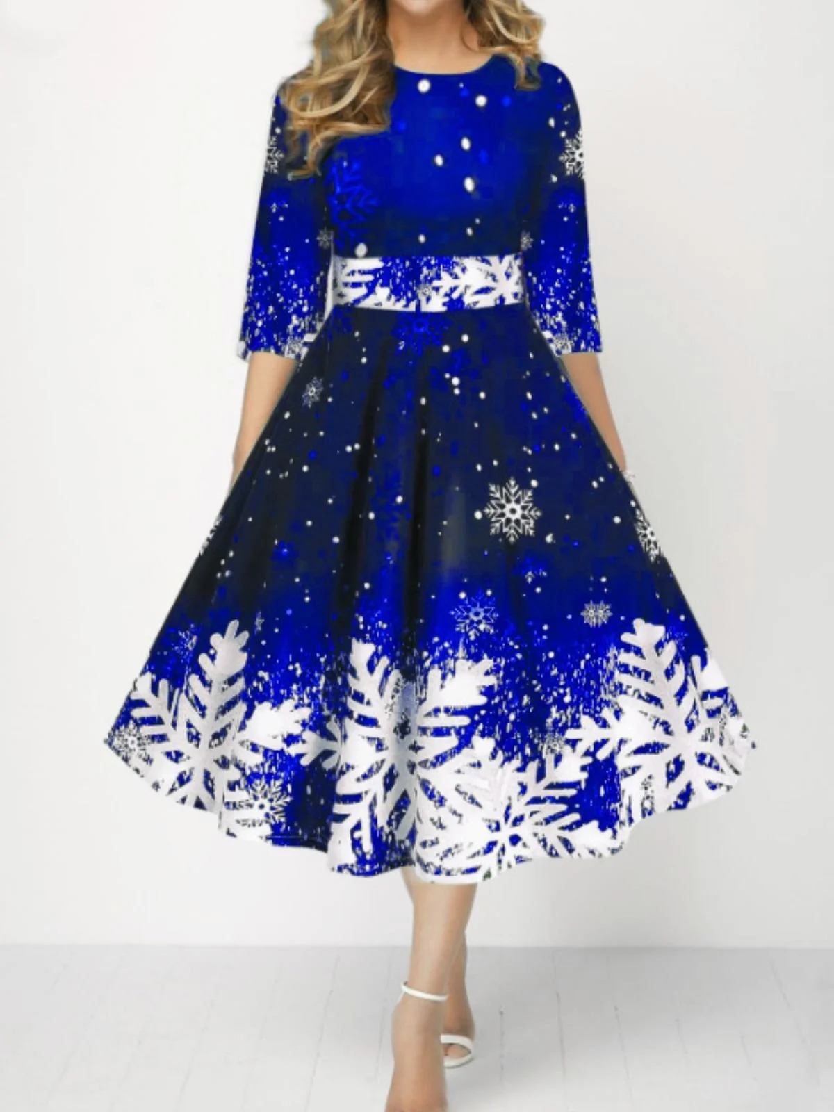 Women Christmas Spring/Fall Dress Crew Neck Three Quarter Sleeve A-Line Dress