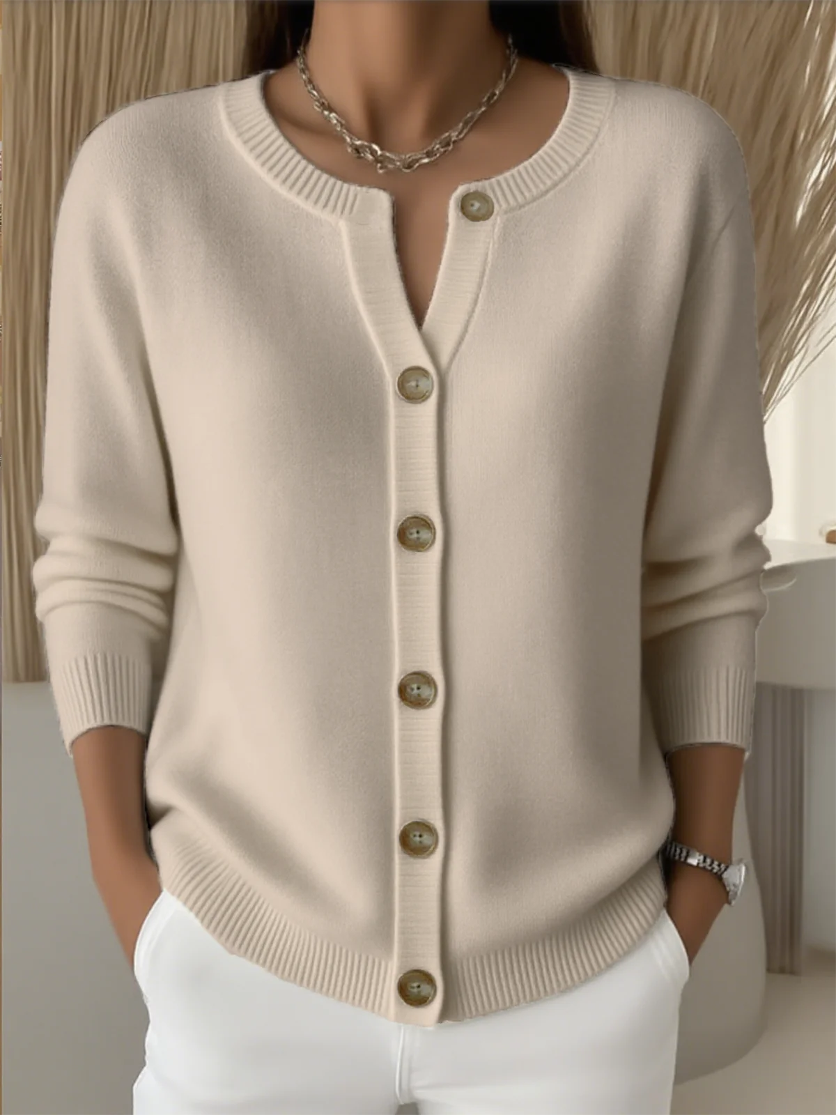 Women Knitted Plain Long Sleeve Comfy Vintage Cardigan