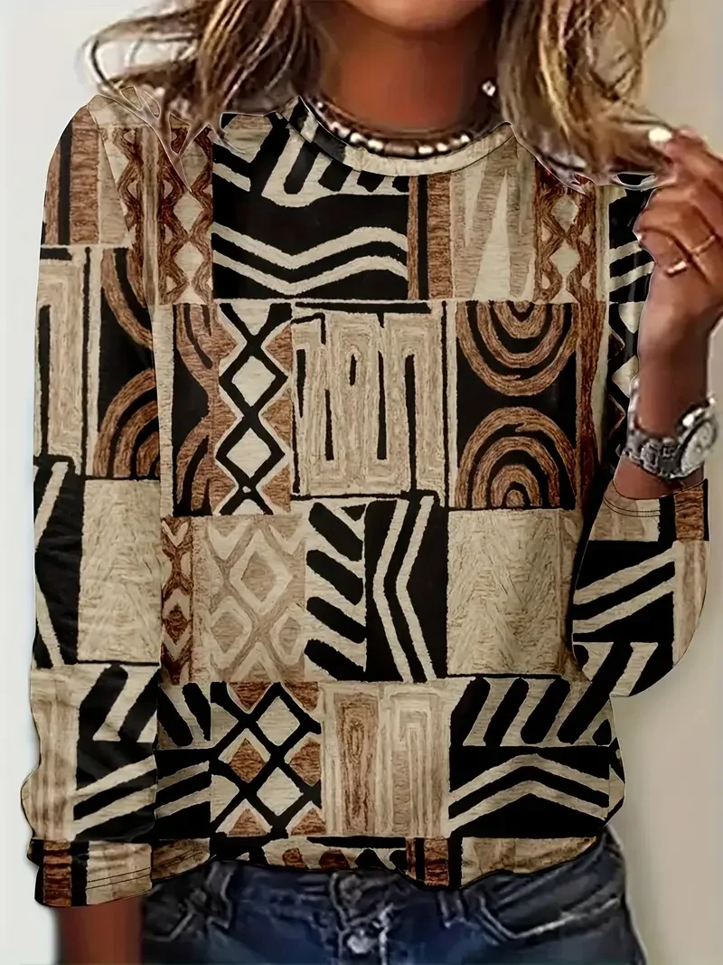 Casual Abstract Crew Neck Long Sleeve T-shirt