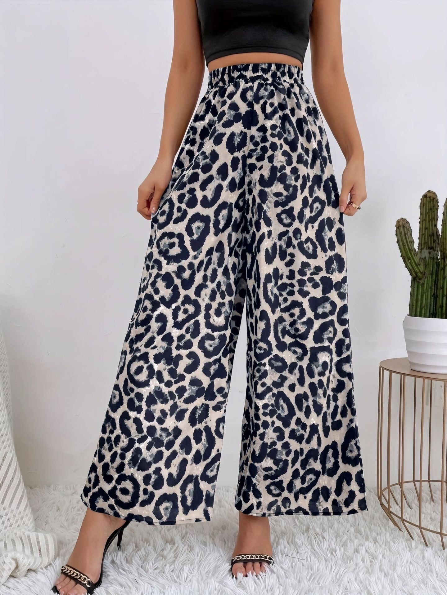 Women Leopard Long Elastic Waist Pants Vintage Spring/Fall Trousers
