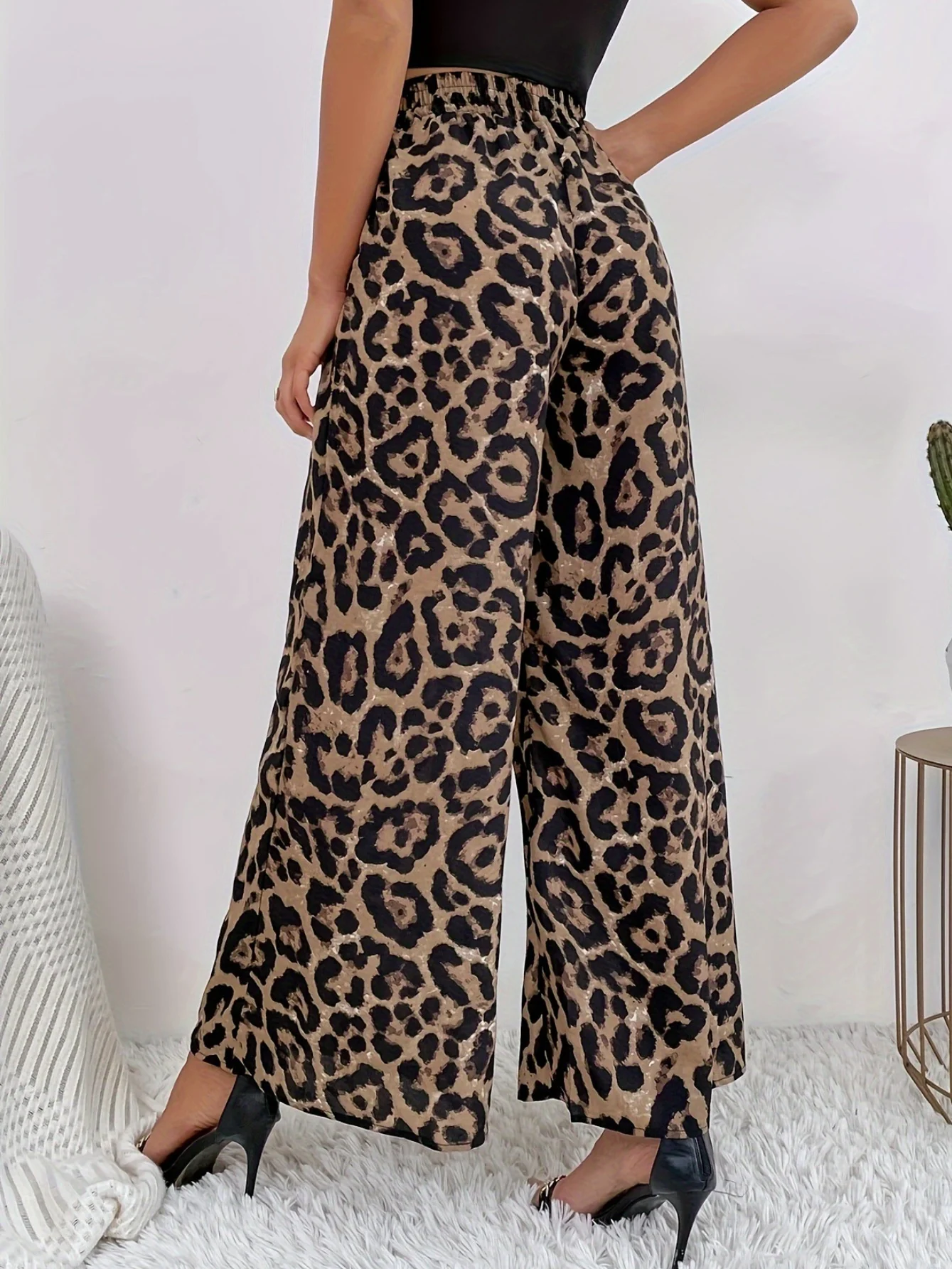 Women Leopard Long Elastic Waist Pants Vintage Spring/Fall Trousers