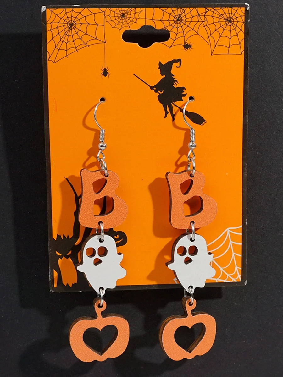 Halloween Themed Wooden Earrings Funny Cartoon Ghost Pumpkin Skull Kitten Long Pendant Party Decoration Earrings
