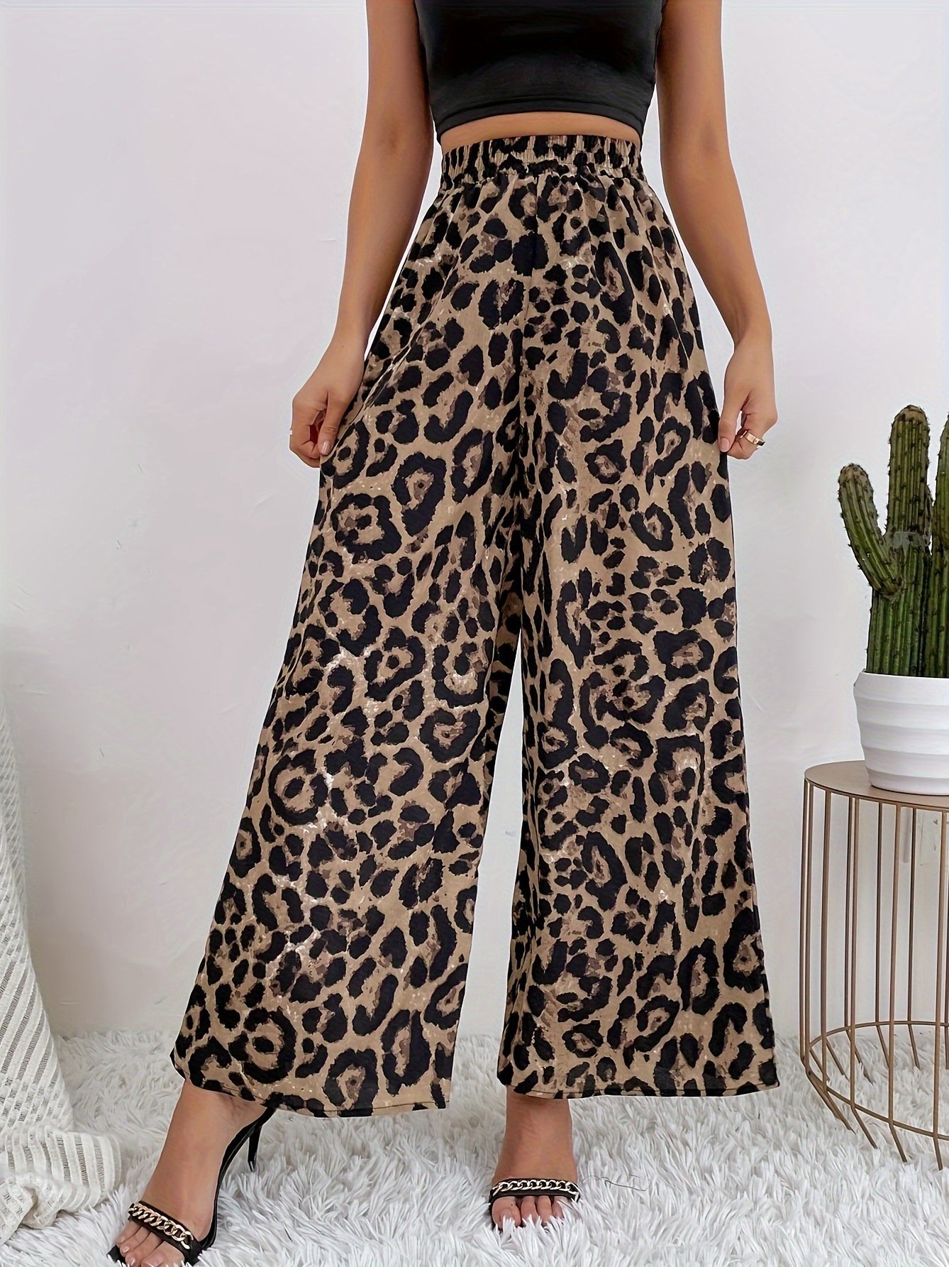Women Leopard Long Elastic Waist Pants Vintage Spring/Fall Trousers