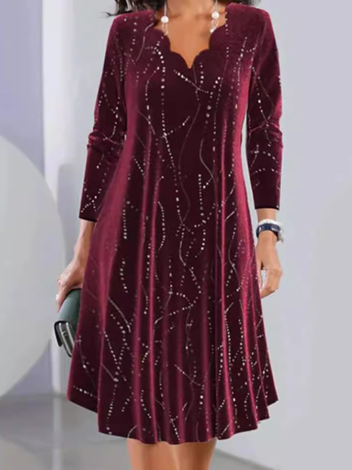 Women Geometric Spring/Fall Dress V Neck Long Sleeve Prom Dress A-Line Dress