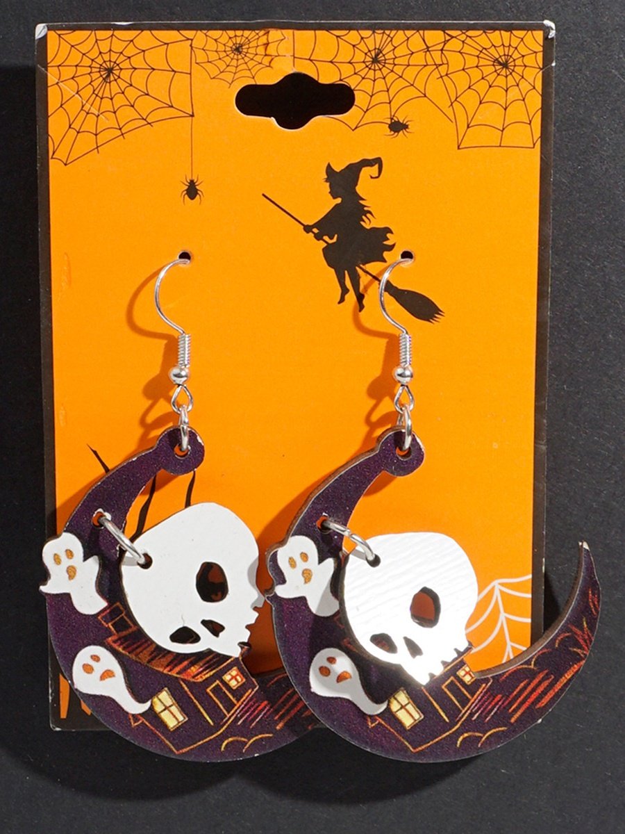 Halloween Themed Wooden Earrings Funny Cartoon Ghost Pumpkin Skull Kitten Long Pendant Party Decoration Earrings