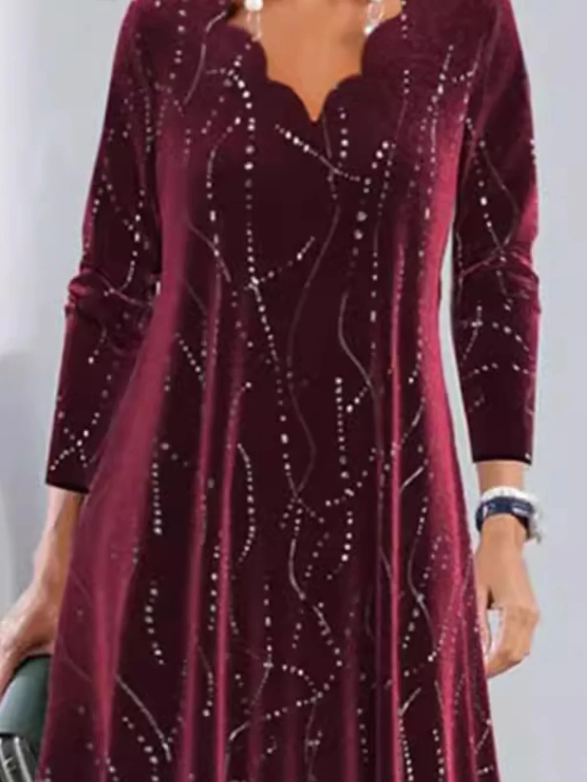Women Geometric Spring/Fall Dress V Neck Long Sleeve Prom Dress A-Line Dress