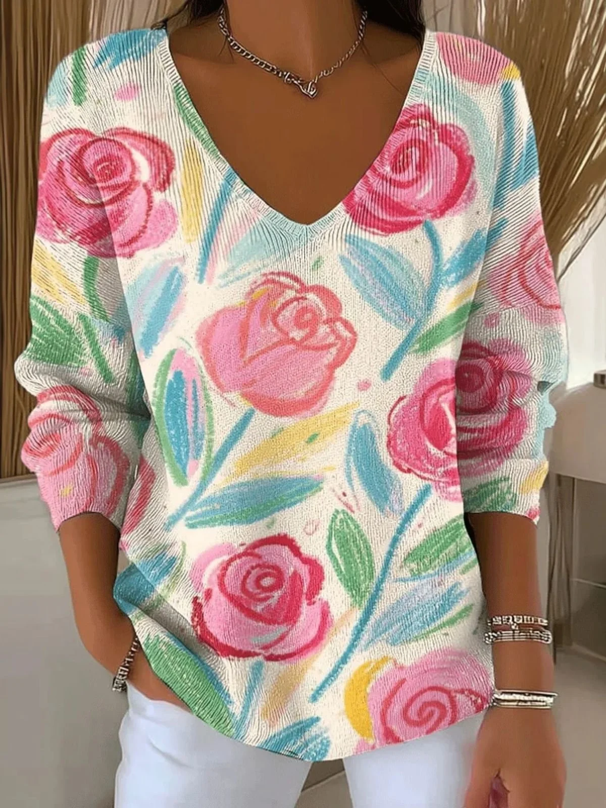 Women Cotton Floral Long Sleeve Comfy Casual Sweater