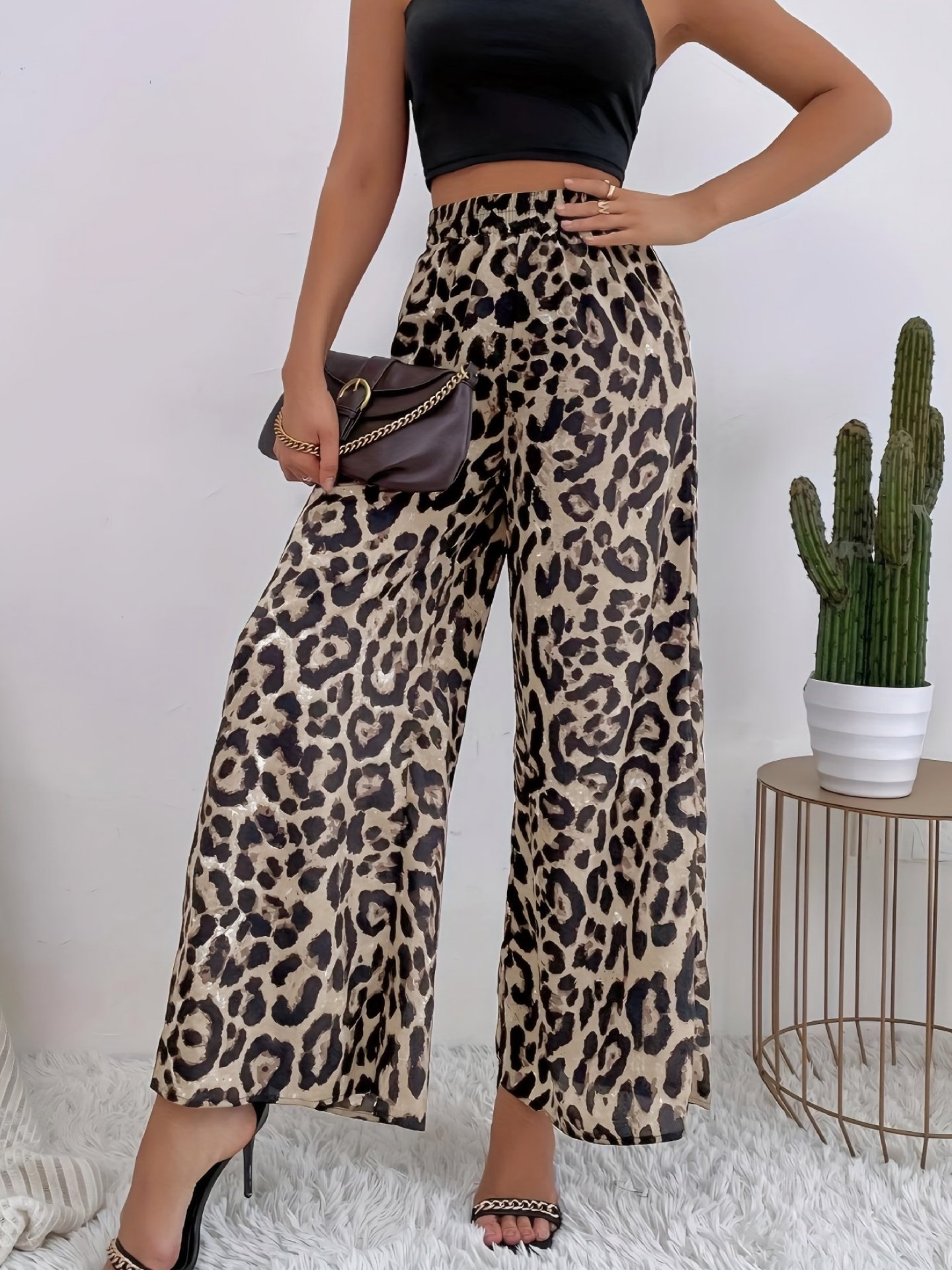 Women Leopard Long Elastic Waist Pants Vintage Spring/Fall Trousers