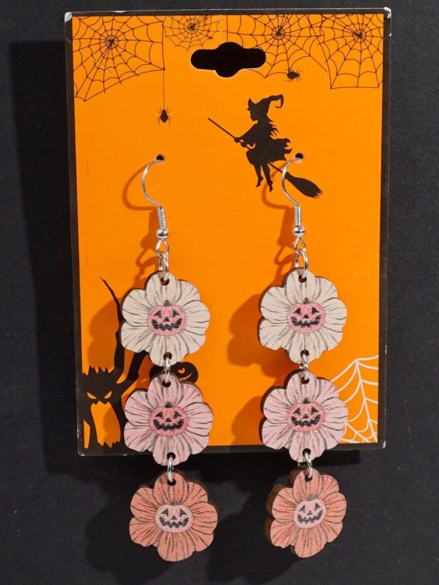 Halloween Themed Wooden Earrings Funny Cartoon Ghost Pumpkin Skull Kitten Long Pendant Party Decoration Earrings