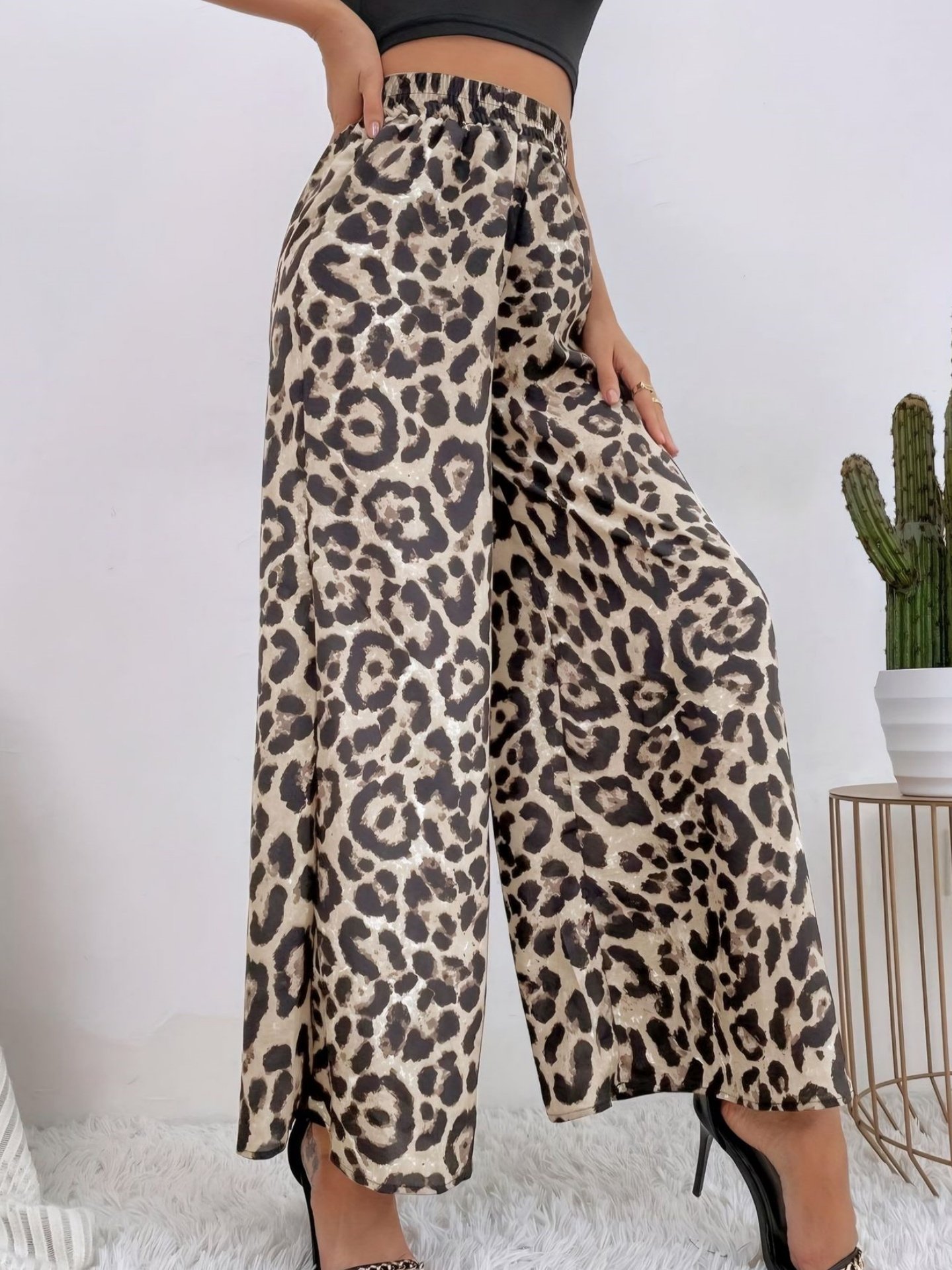 Women Leopard Long Elastic Waist Pants Vintage Spring/Fall Trousers