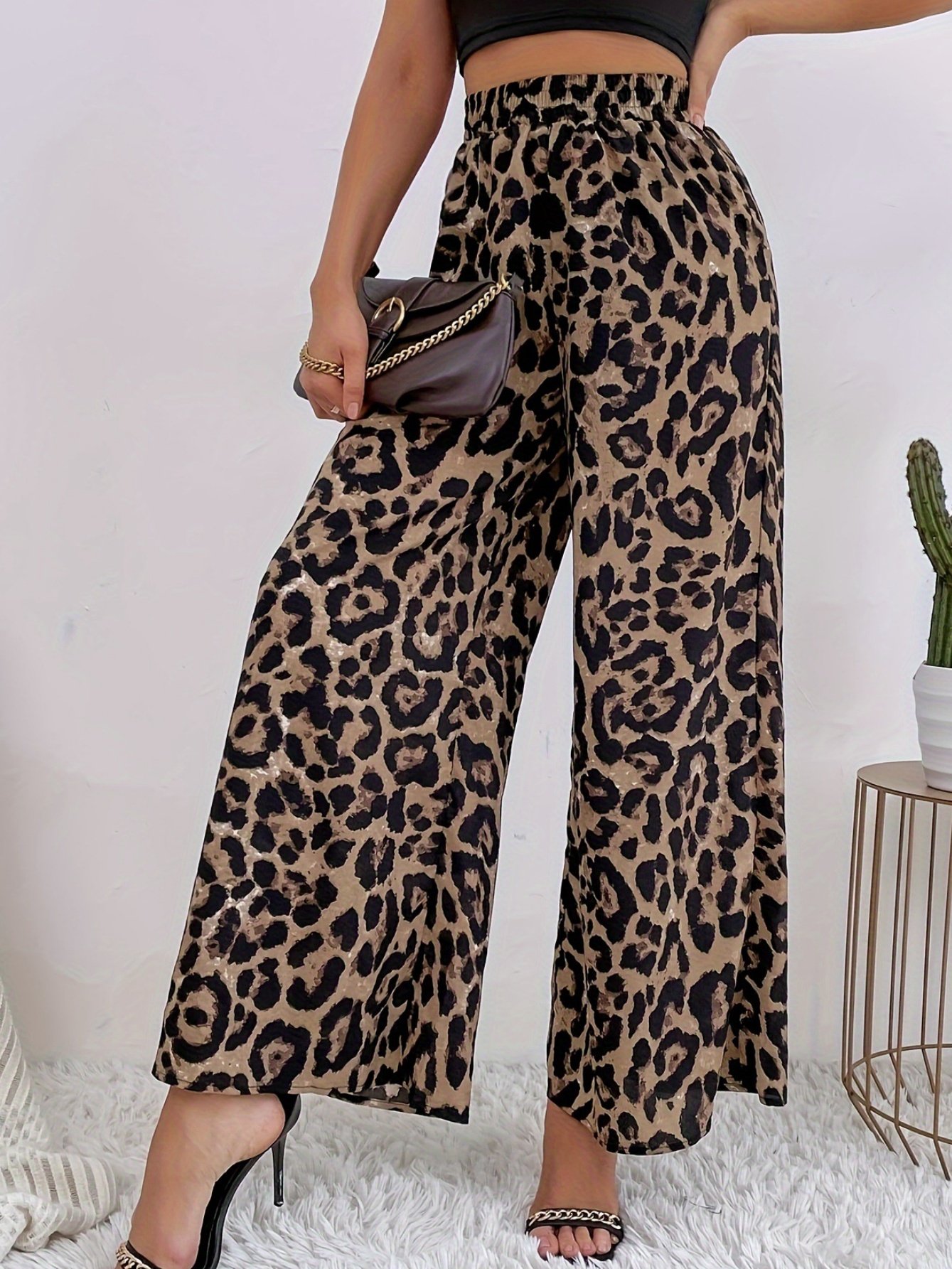 Women Leopard Long Elastic Waist Pants Vintage Spring/Fall Trousers