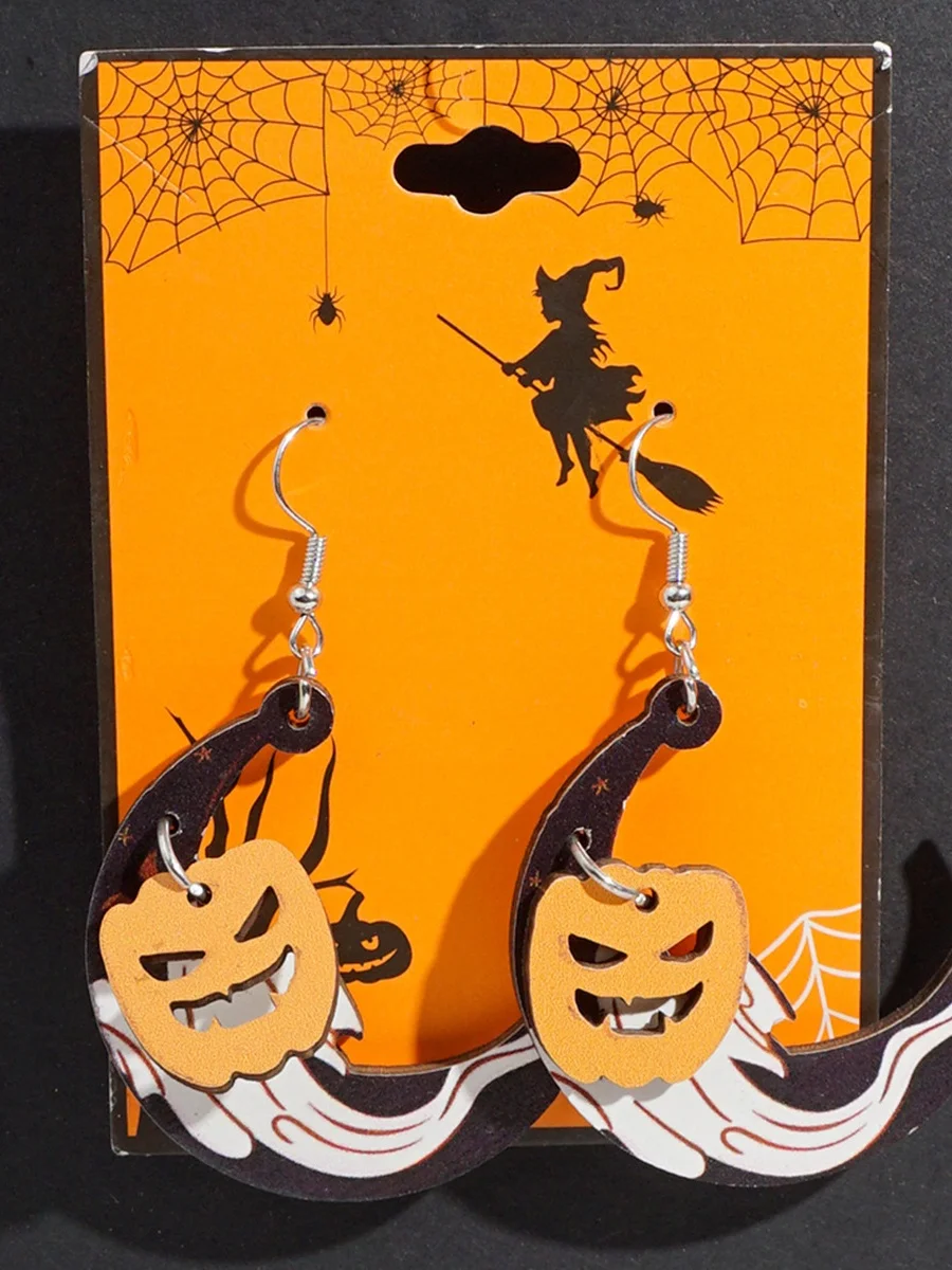 Halloween Themed Wooden Earrings Funny Cartoon Ghost Pumpkin Skull Kitten Long Pendant Party Decoration Earrings