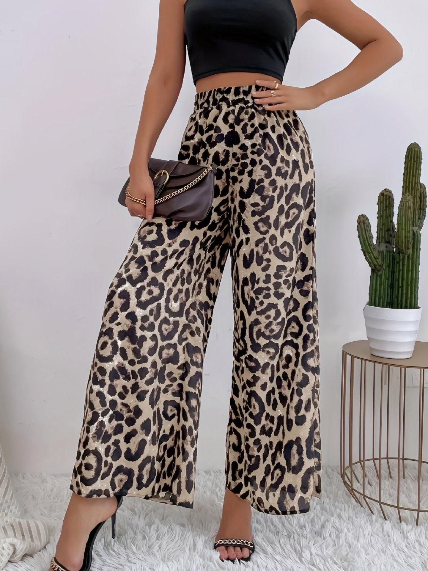 Women Leopard Long Elastic Waist Pants Vintage Spring/Fall Trousers