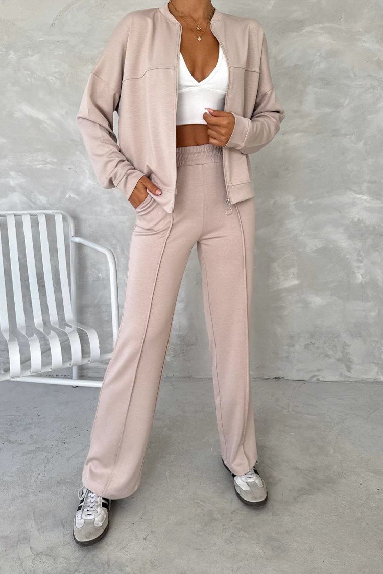 Women Plain Two-Piece Set Daily Long Sleeve Casual Spring/Fall Top With Pants Matching Set